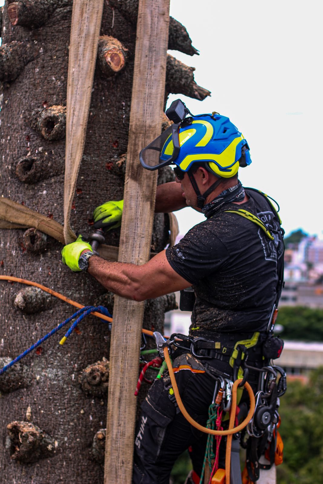 Profissional instalando cinta de ancoragem com equipamento de proteção completo
